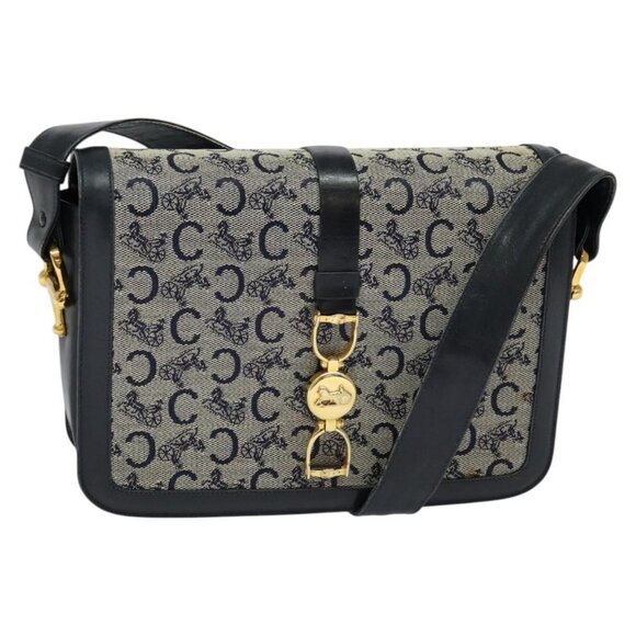 CELINE C Saluki Shoulder Bag Canvas Leather Navy Gold Auth 115541 - Picture 1 of 16